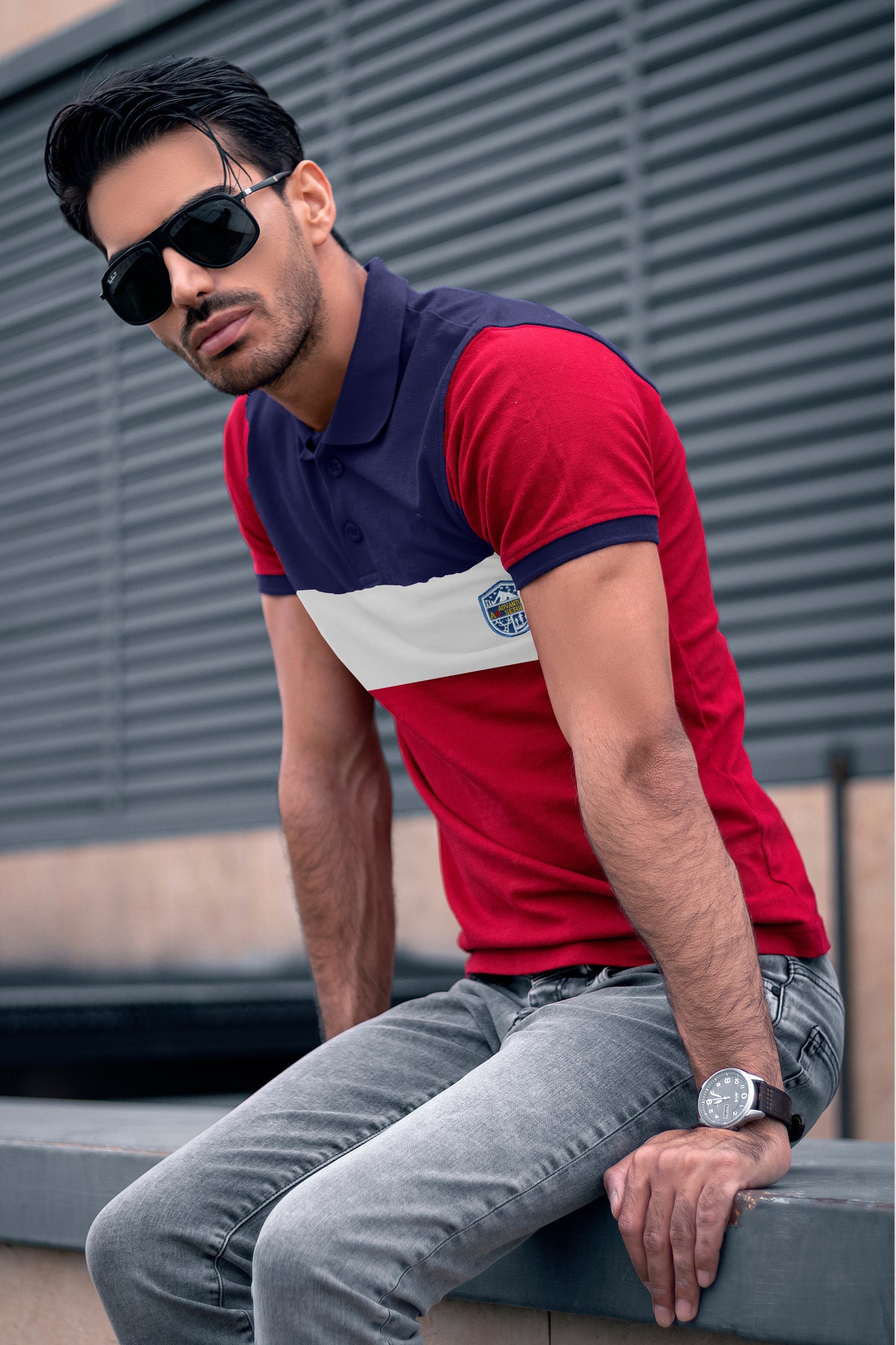 Blue & Red Paneled Polo T-shirt