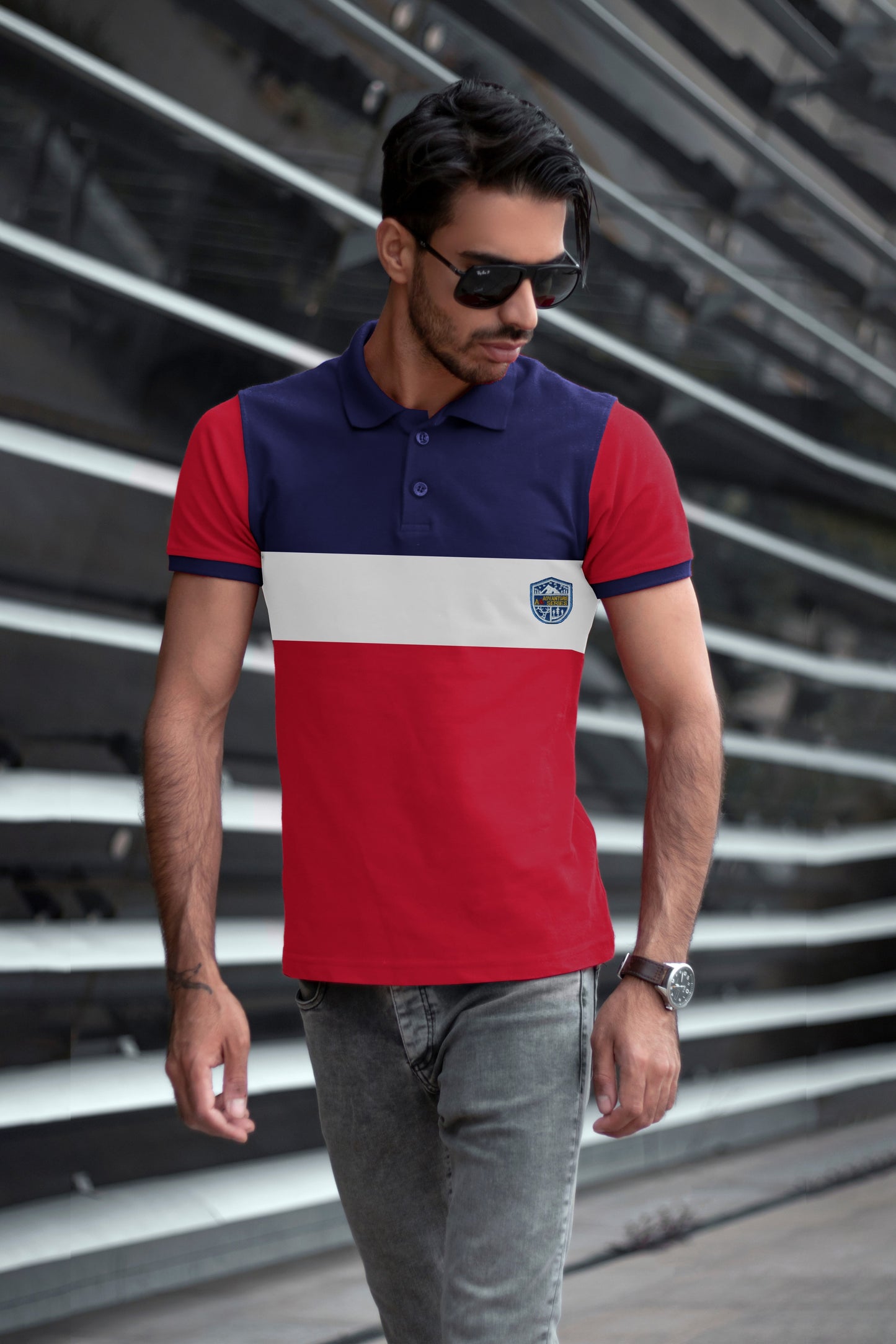 Blue & Red Paneled Polo T-shirt