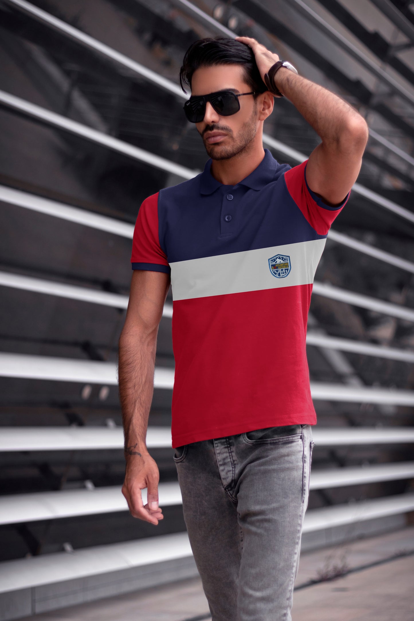 Blue & Red Paneled Polo T-shirt