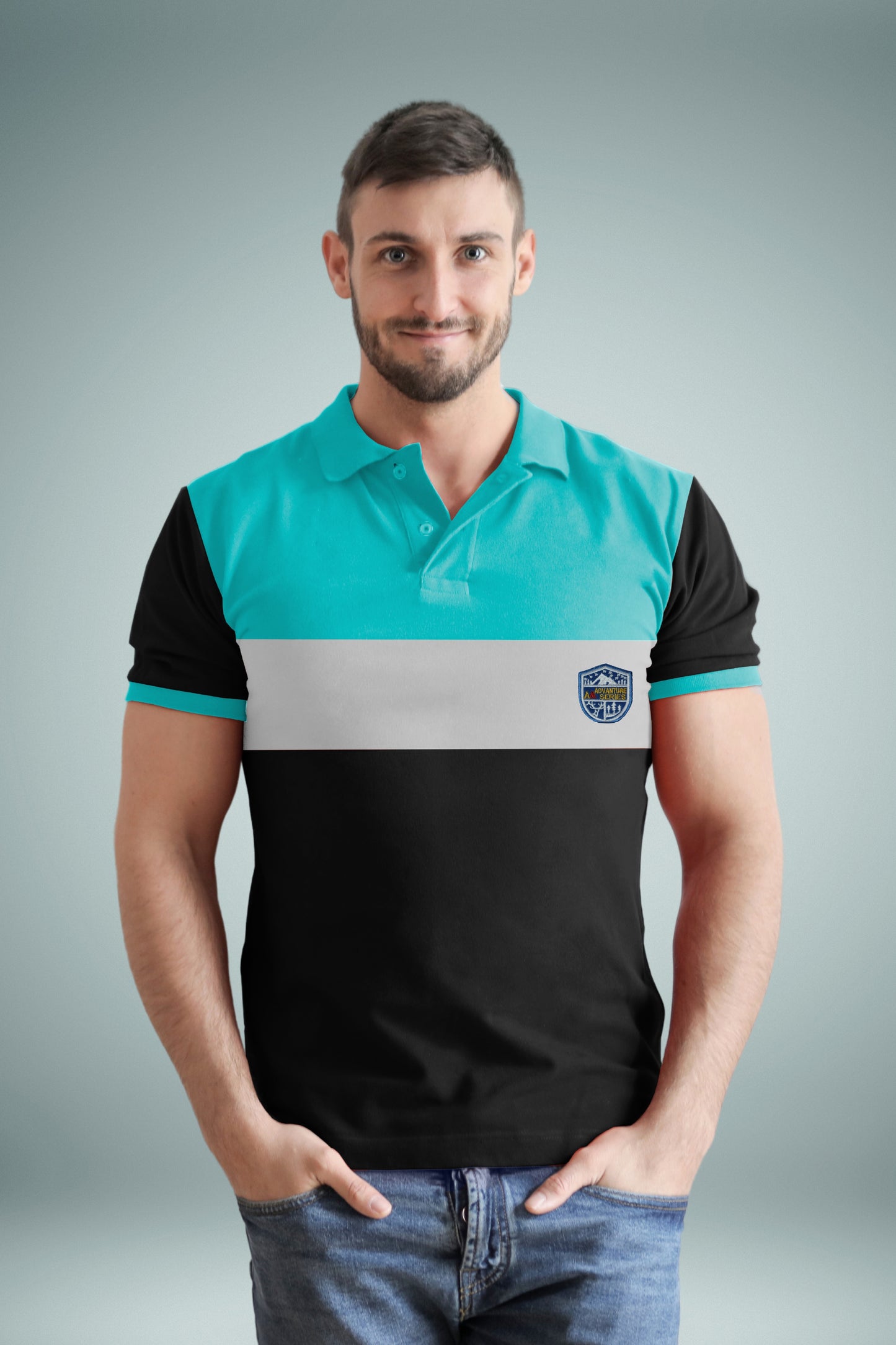 Sky Blue & Black Paneled Polo T-shirt
