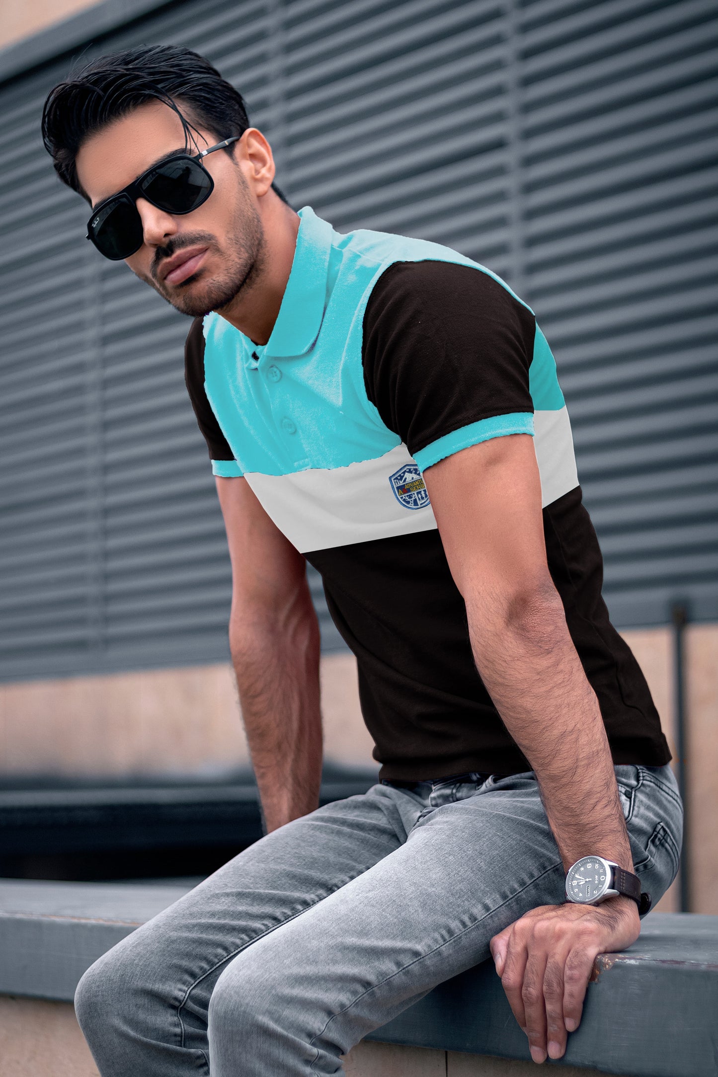 Sky Blue & Black Paneled Polo T-shirt
