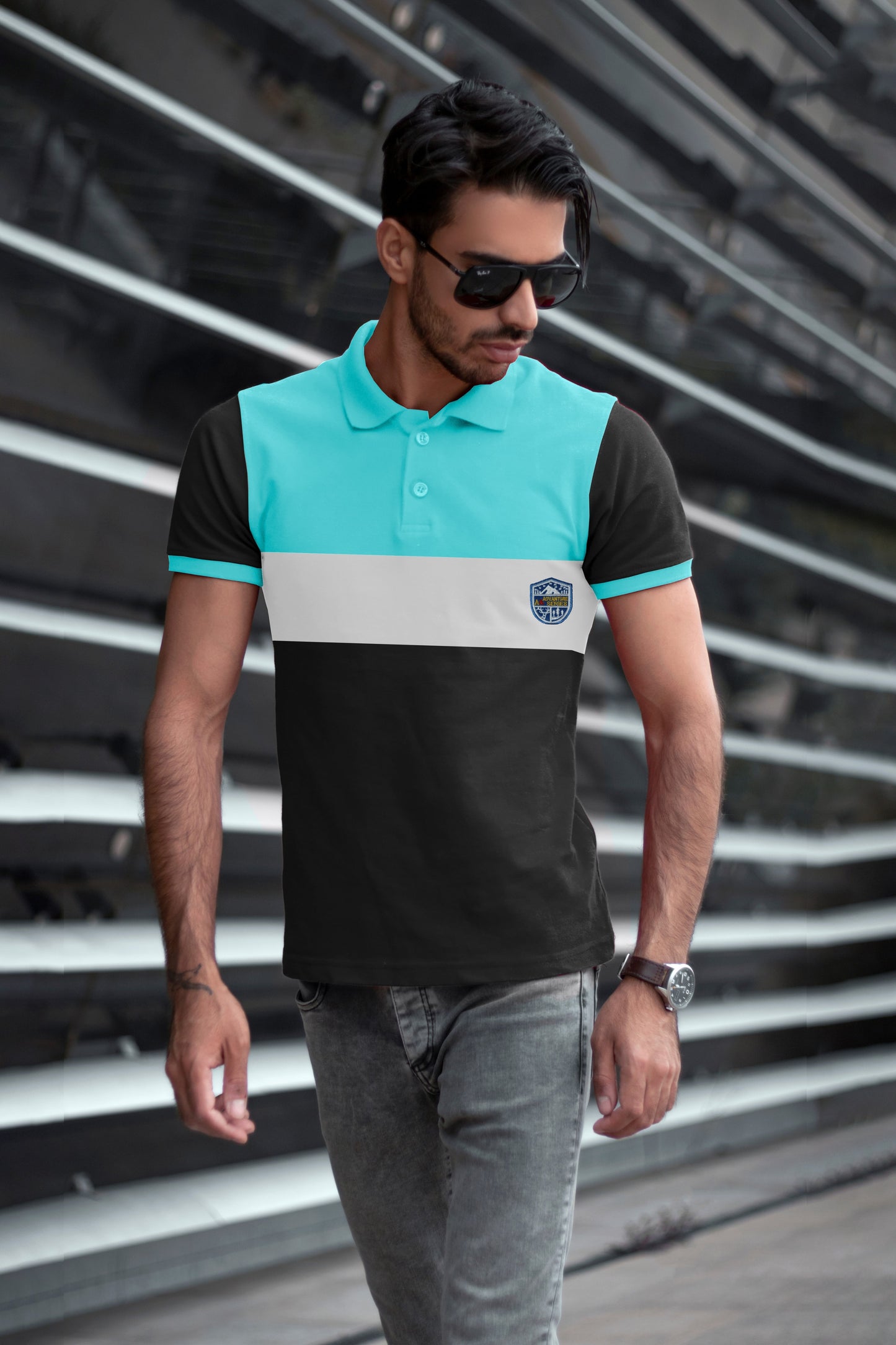 Sky Blue & Black Paneled Polo T-shirt
