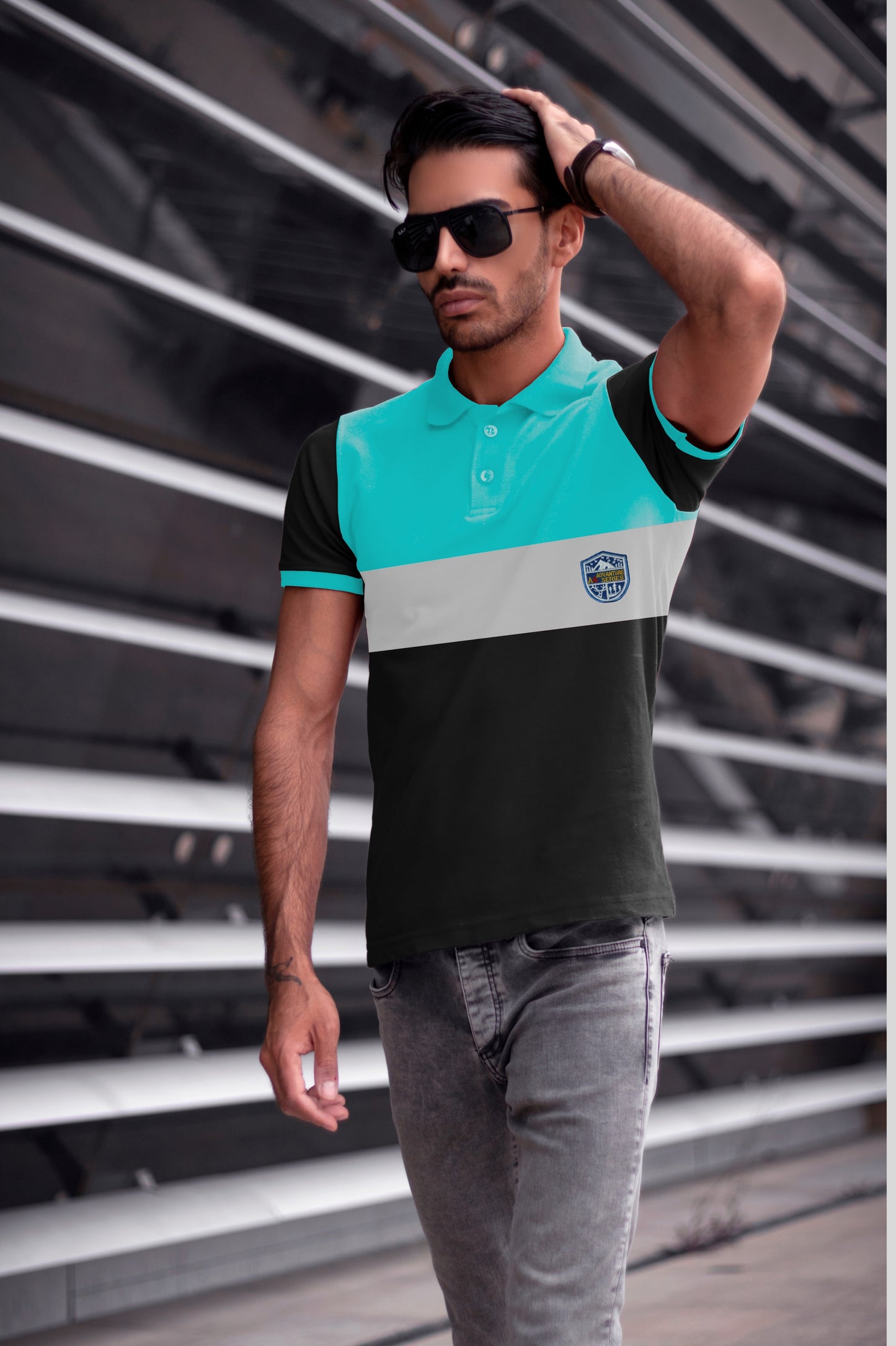 Sky Blue & Black Paneled Polo T-shirt