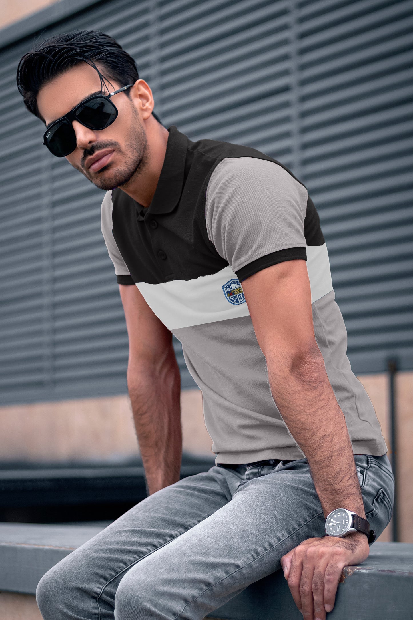 Black & Lite Ash Paneled Polo T-shirt