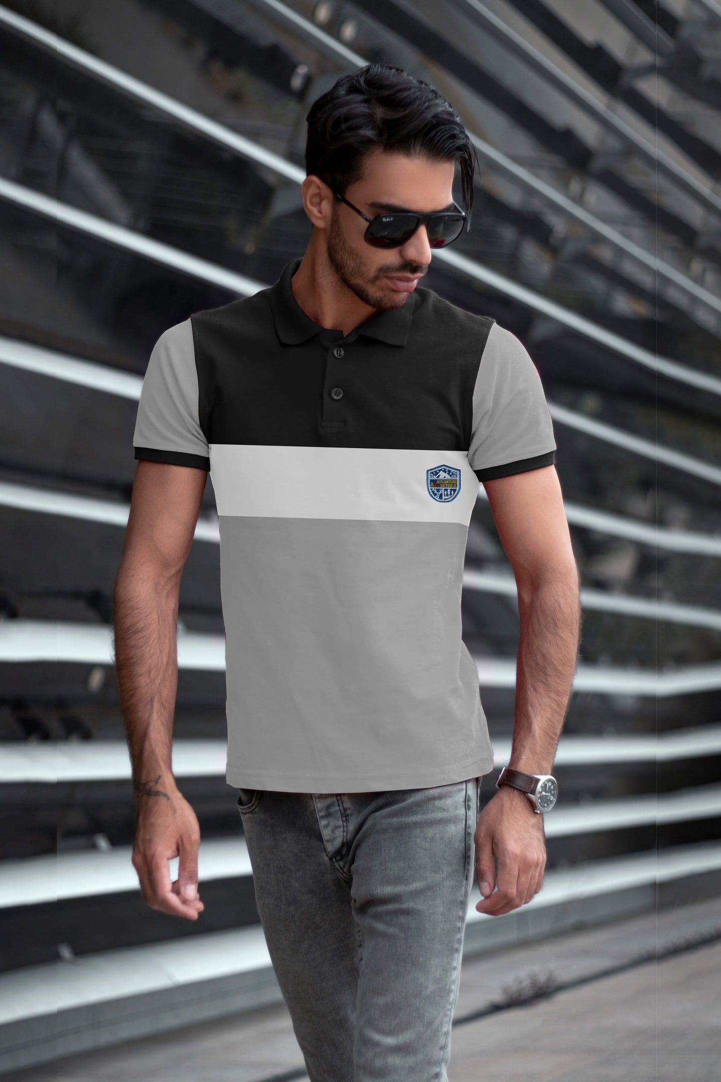 Black & Lite Ash Paneled Polo T-shirt