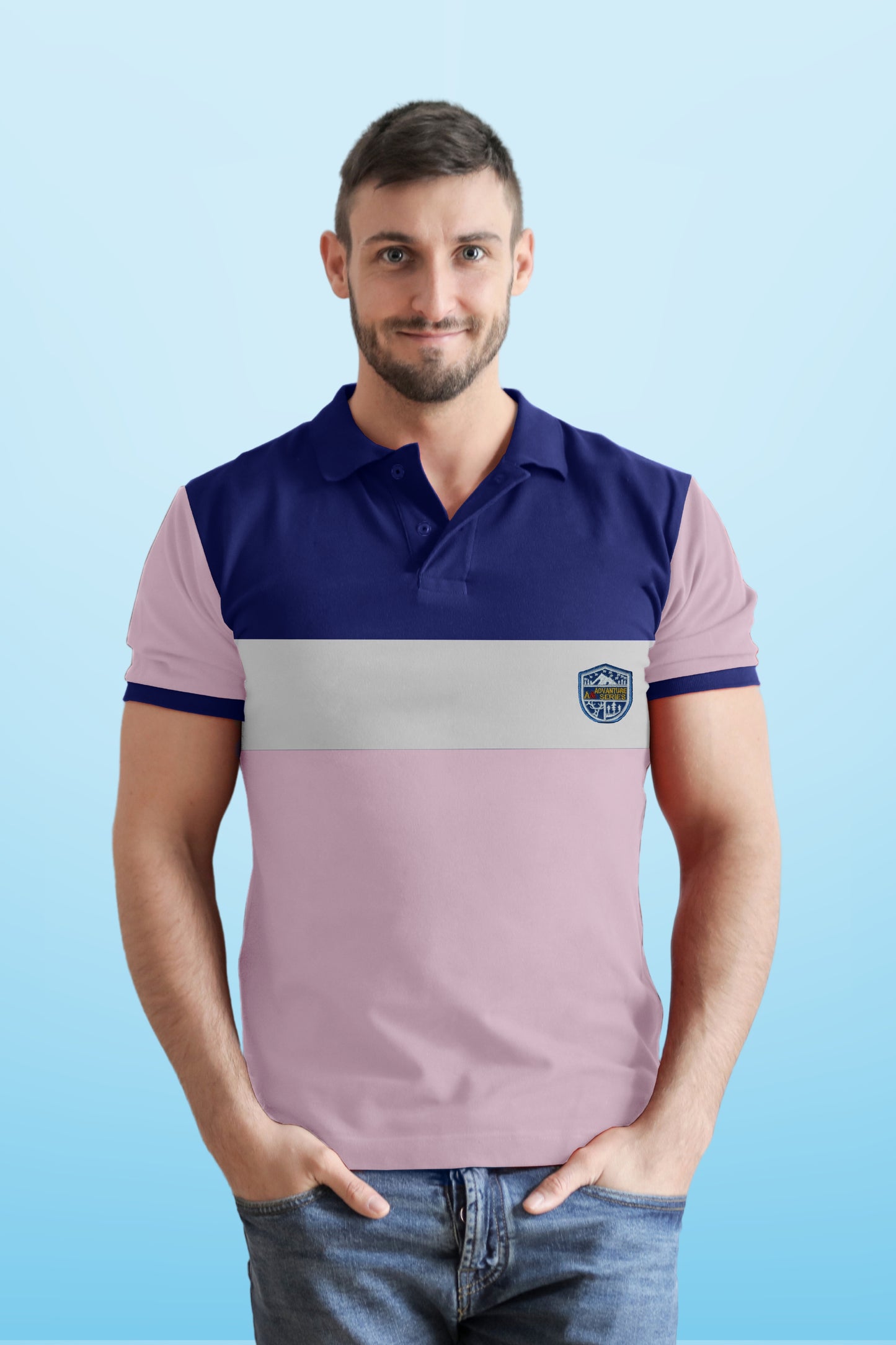Blue & Pink Paneled Polo T-shirt