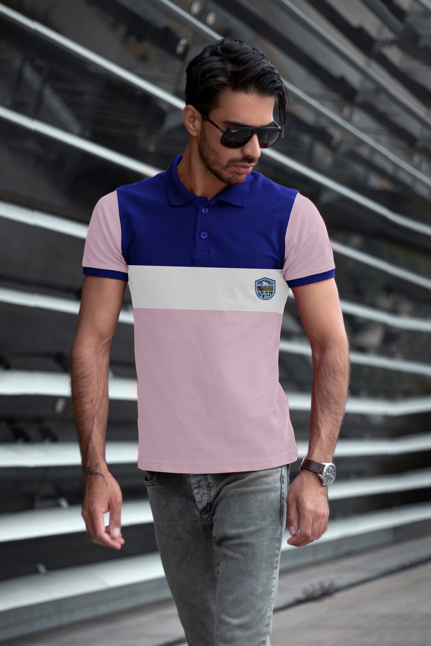 Blue & Pink Paneled Polo T-shirt