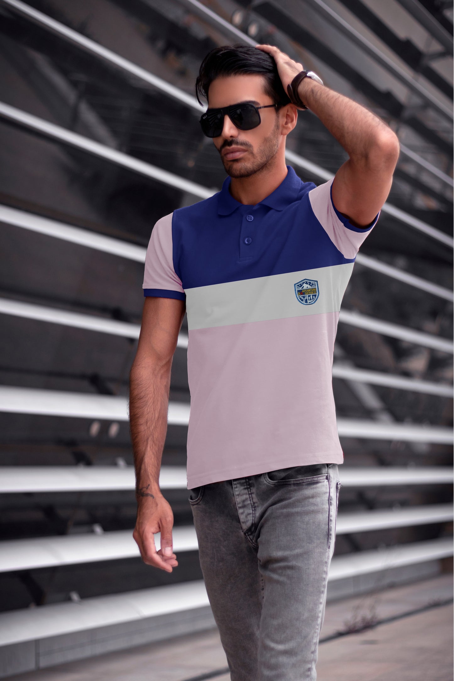 Blue & Pink Paneled Polo T-shirt