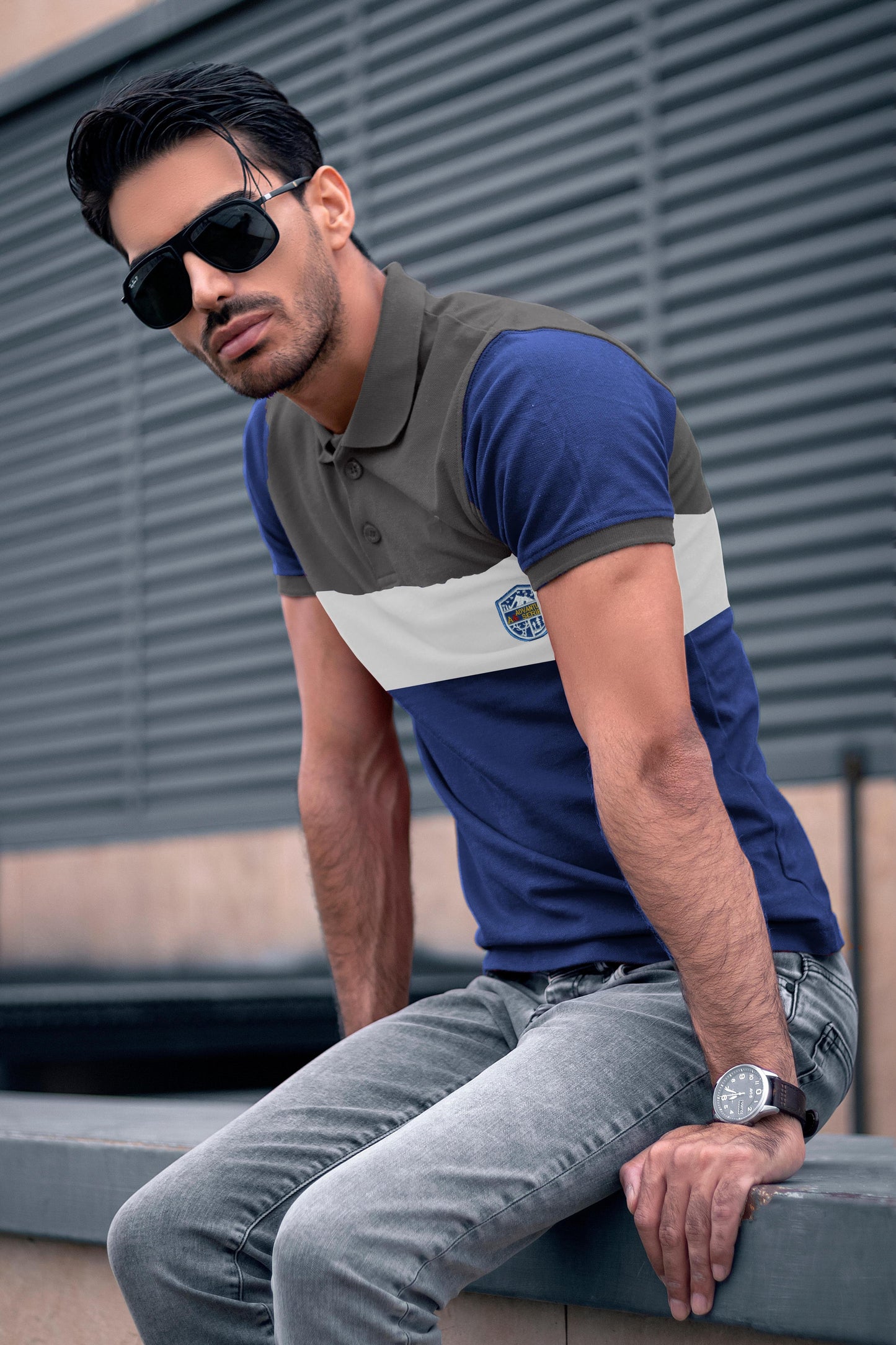 Paneled Ash & Blue Polo T-shirt