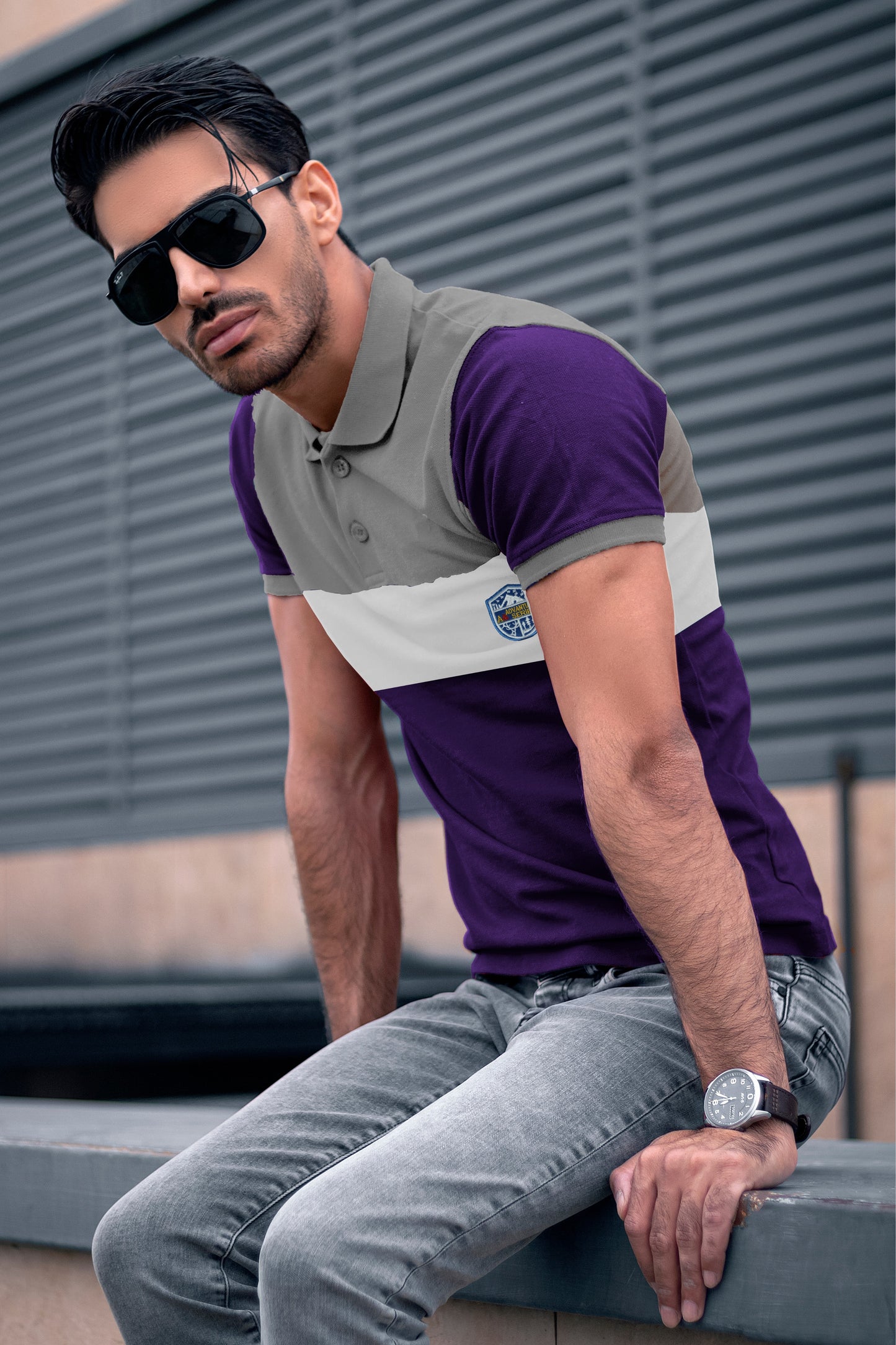 Striped Polo T-shirt Lite Ash & Purple