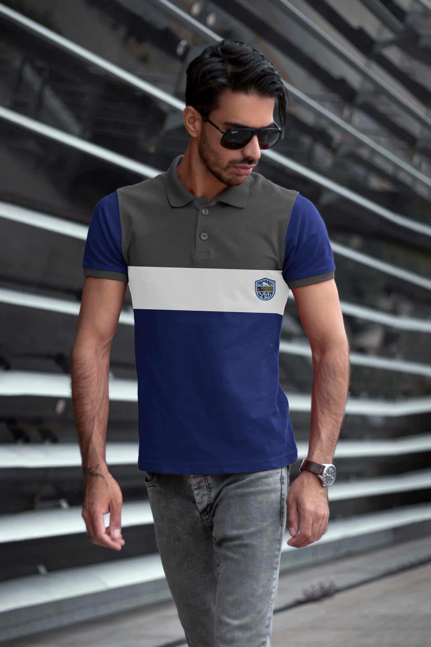 Paneled Ash & Blue Polo T-shirt
