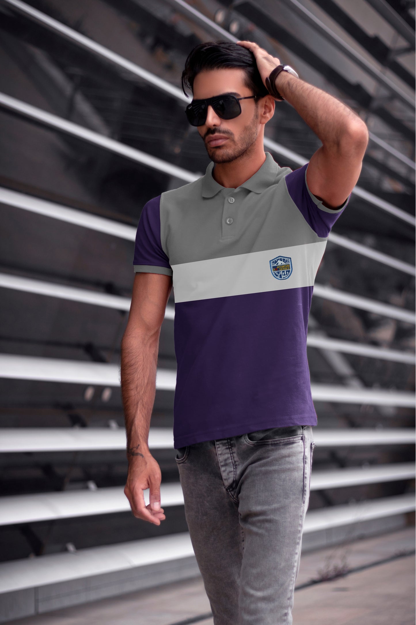 Striped Polo T-shirt Lite Ash & Purple