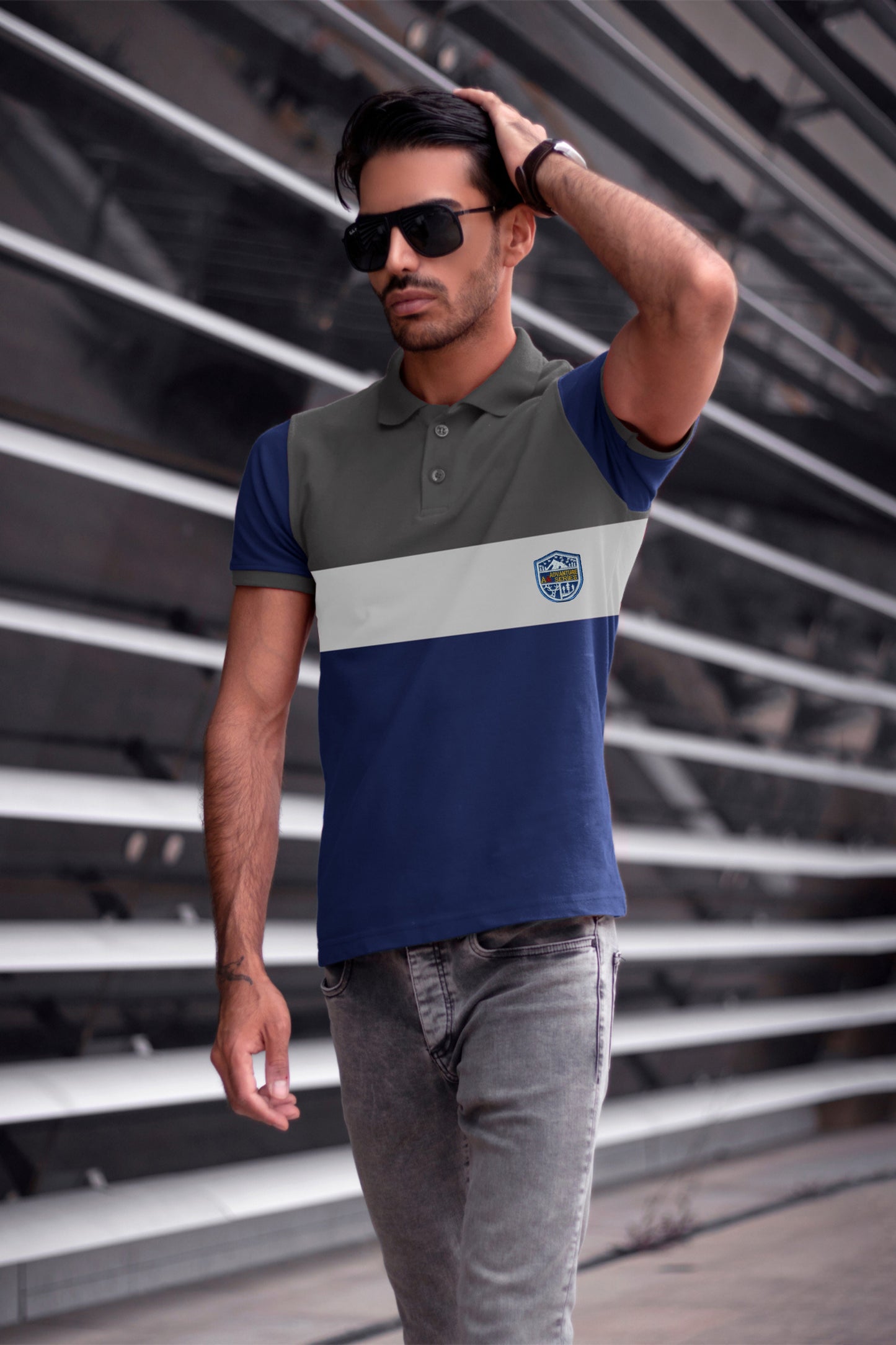 Paneled Ash & Blue Polo T-shirt