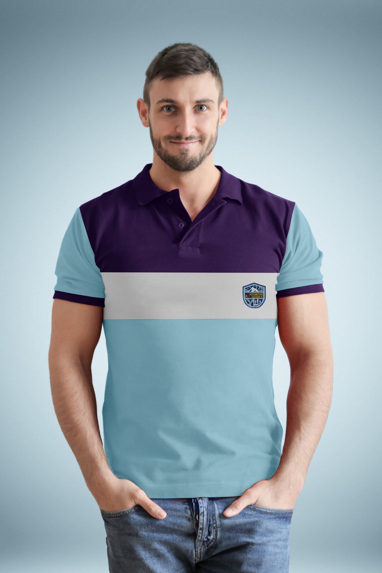 Purple & Sky Blue Paneled Polo T-shirt