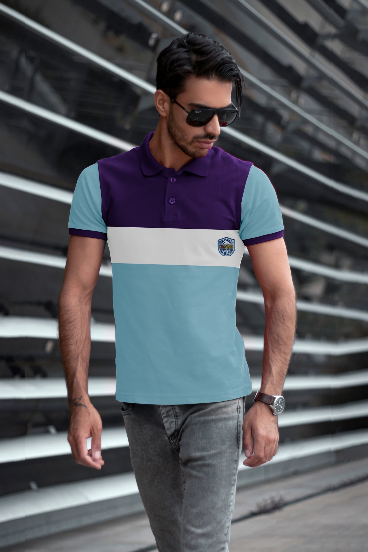 Purple & Sky Blue Paneled Polo T-shirt