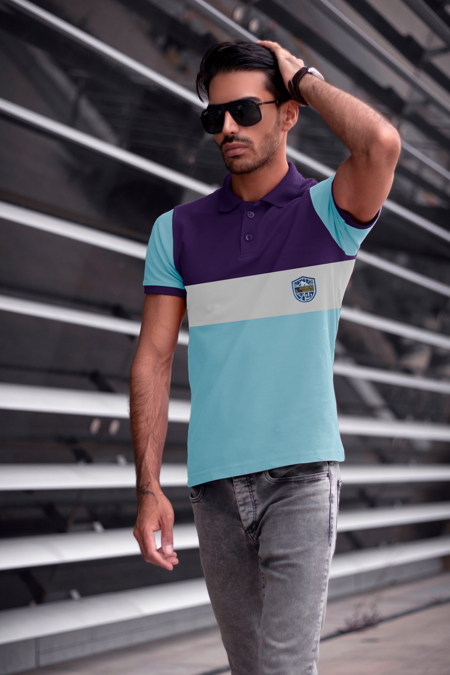 Purple & Sky Blue Paneled Polo T-shirt
