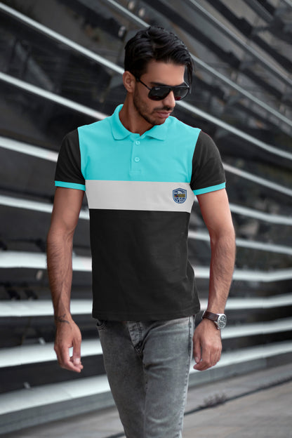 Sky Blue & Black Paneled Polo T-Shirt Timeless Edition