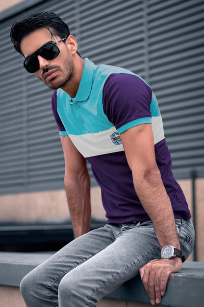 Sky Blue & Purple Paneled Polo T-Shirt Timeless Edition