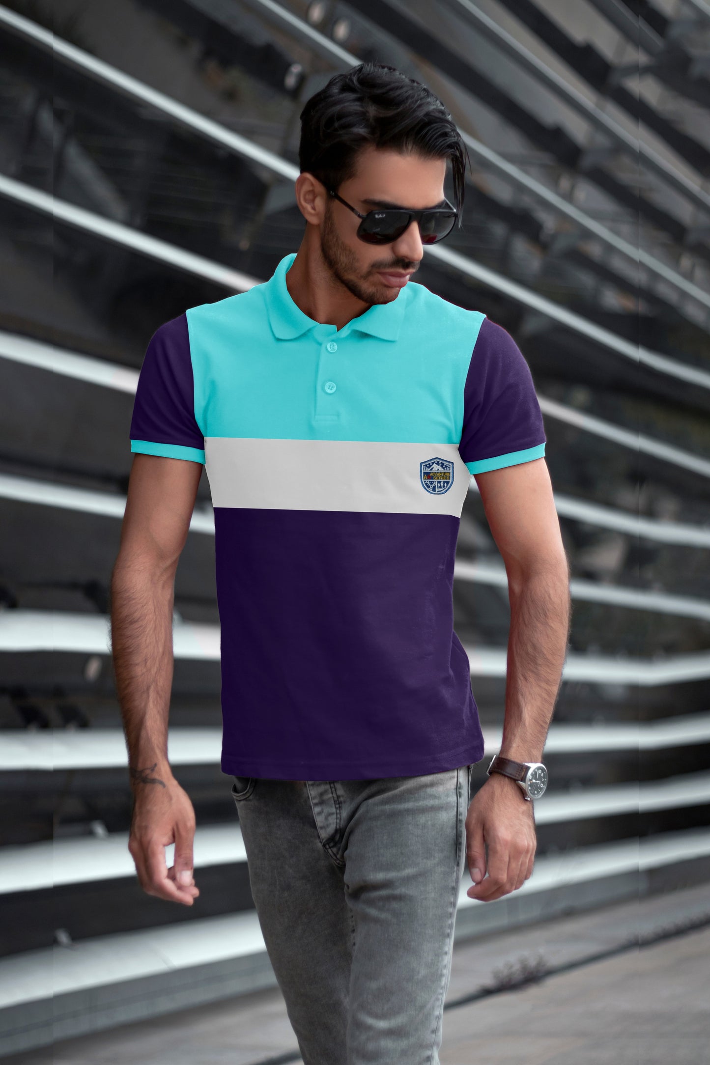 Sky Blue & Purple Paneled Polo T-Shirt Timeless Edition