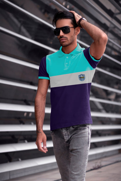 Sky Blue & Purple Paneled Polo T-Shirt Timeless Edition