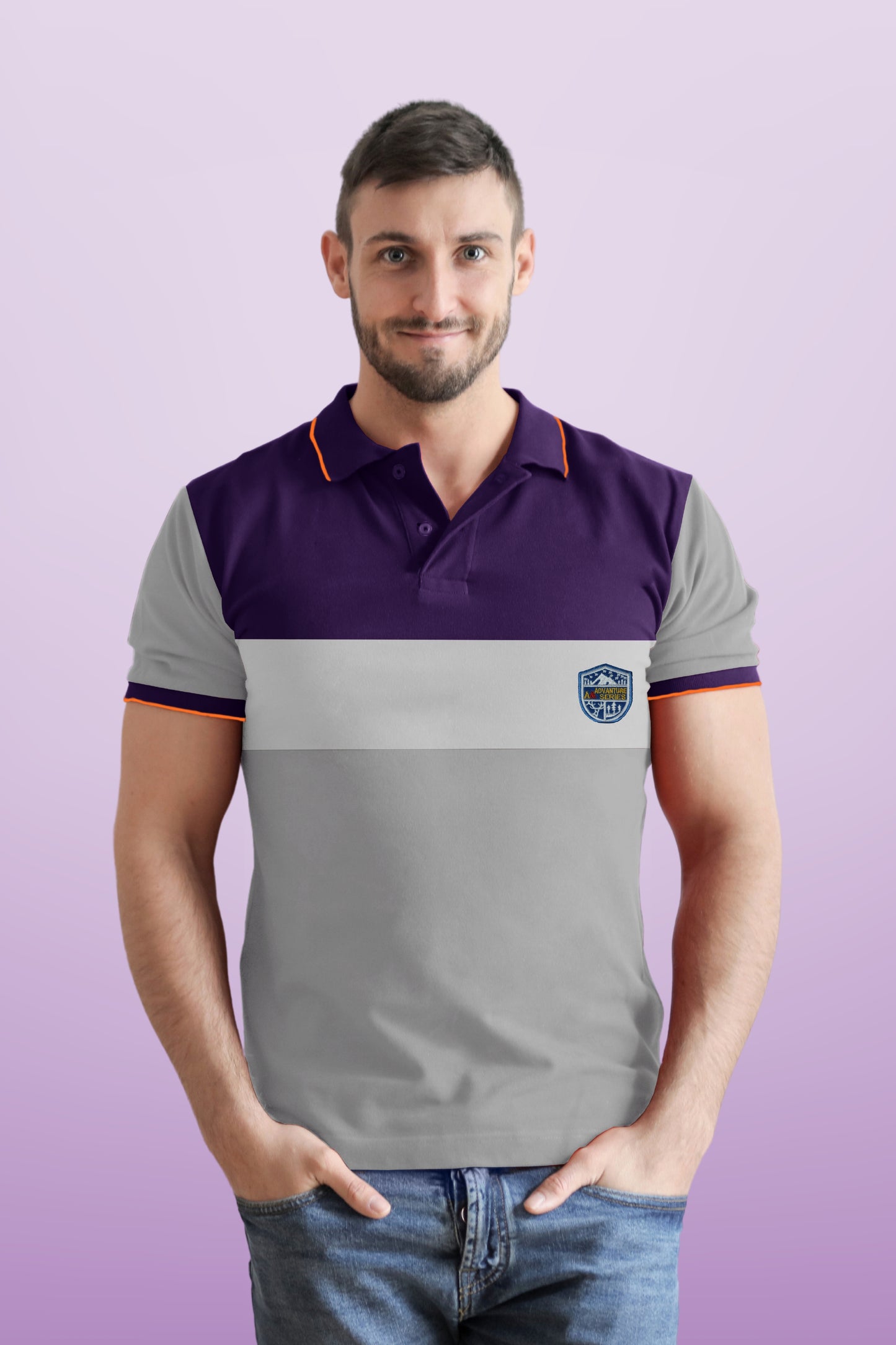 Solid: Striped Polo T-shirt Purple & Lite Ash