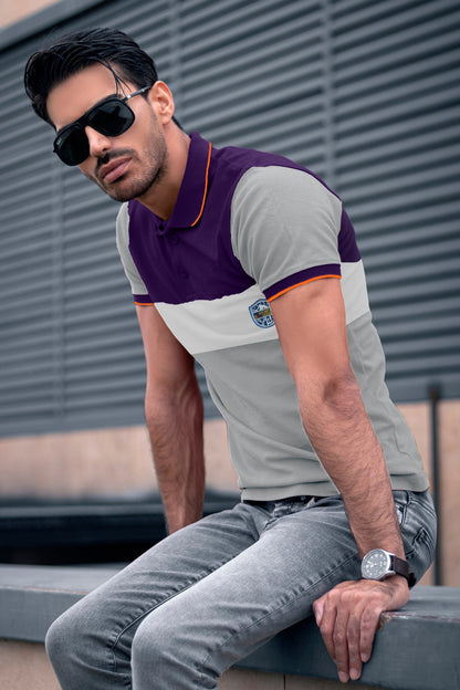 Solid: Striped Polo T-shirt Purple & Lite Ash