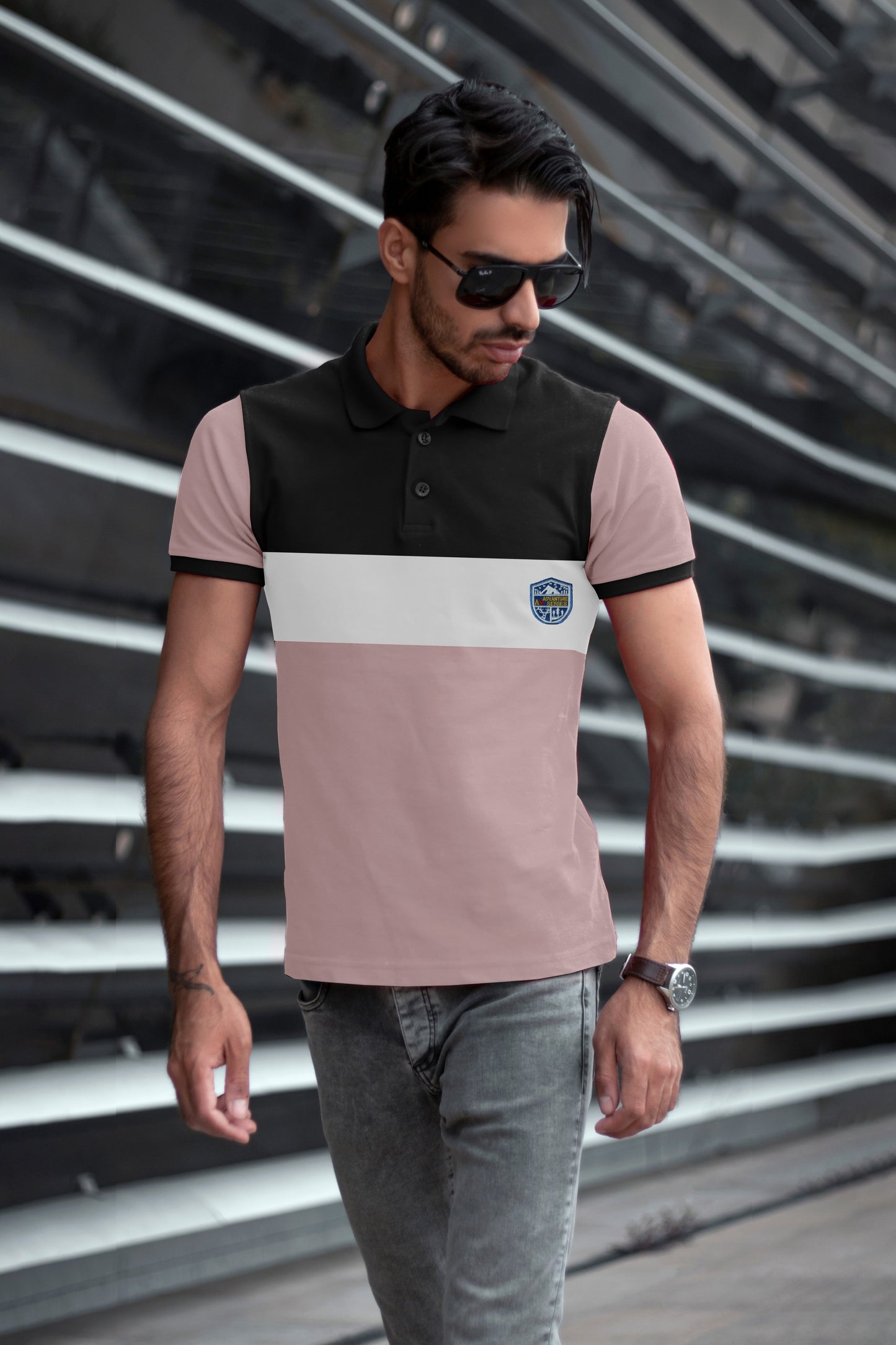 Black & Pink Paneled Polo T-Shirt Timeless Edition