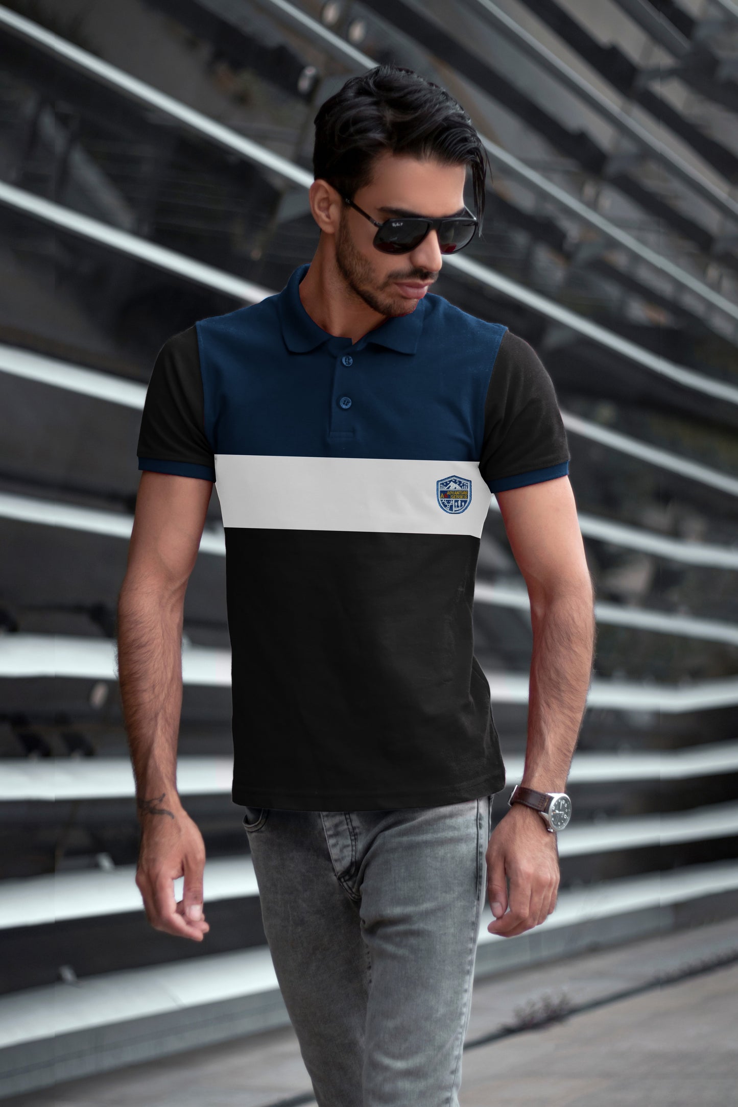 Blue & Black Paneled Polo T-Shirt Timeless Edition