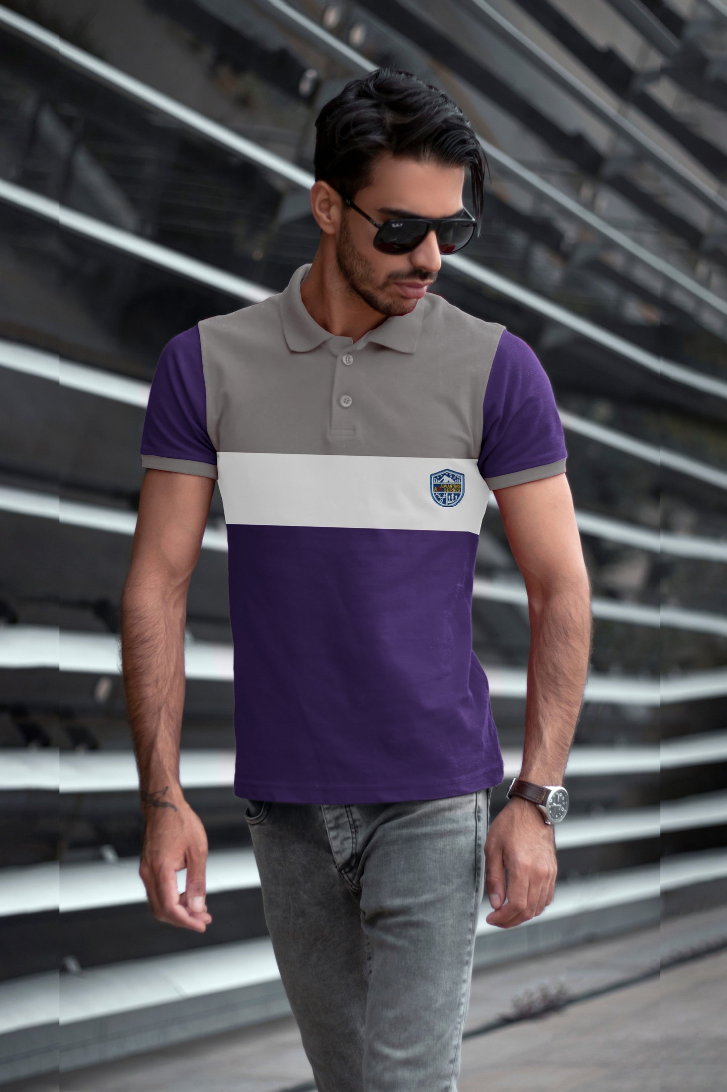 Striped Polo T-shirt Lite Ash & Purple.