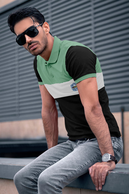 Men's Bold Striped Polo T-shirt Lite Olive Green & Black.