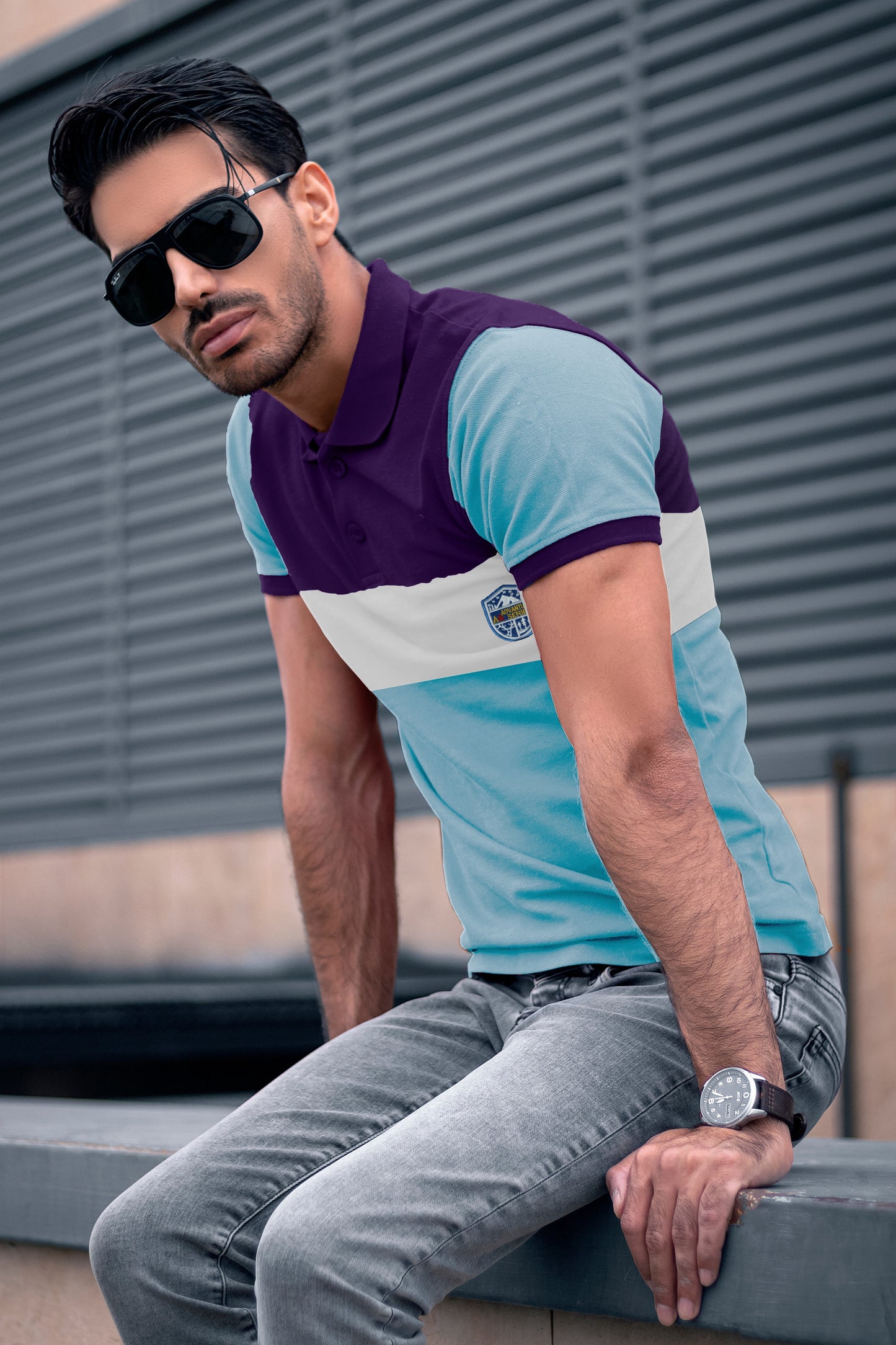 Purple & Sky Blue Paneled Polo T-Shirt Timeless Edition